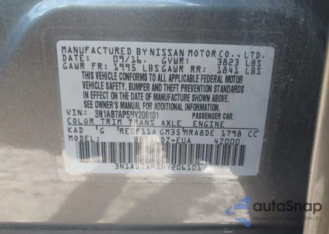 2017 Nissan Sentra Sv z USA, uszkodzony, nr VIN 3N1AB7AP5HY206101